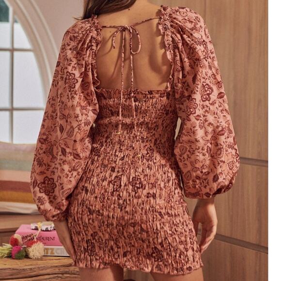 Free People Smock It To Me Floral Print Mini Dress Bishop Sleeves Bodycon Medium - Picture 1 of 11
